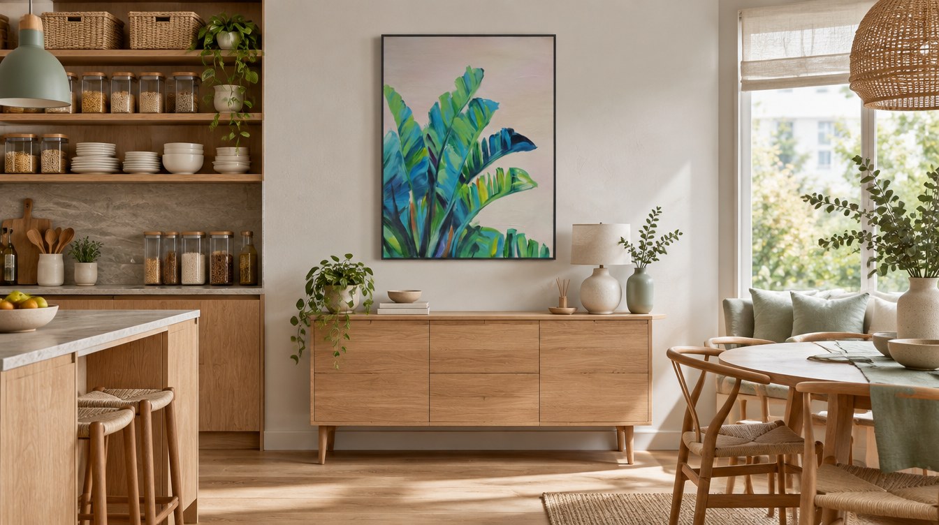 An organised kitchen and dining space with tropical leaf artwork inspired by Painting Matters
